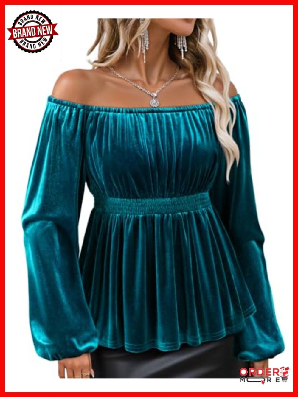 Velvet Off Shoulder Long Sleeve Peplum Tunic Blouse Dressy Top